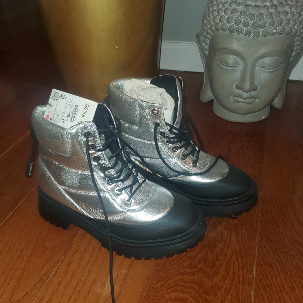 Silver and Black Lace-Up Boots